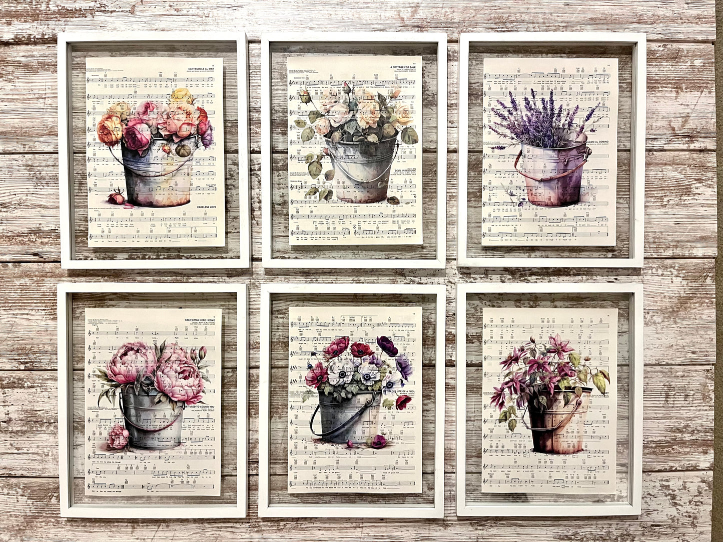 Flower Buckets Sheet Music Prints, Set of 6