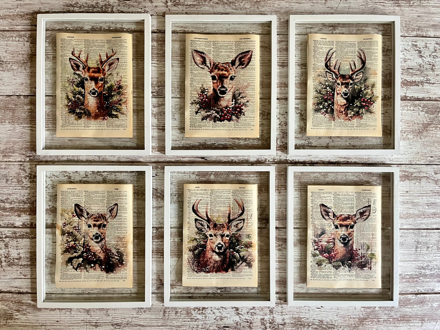 Winter Deer Vintage Dictionary Holiday Collage, Set of 6