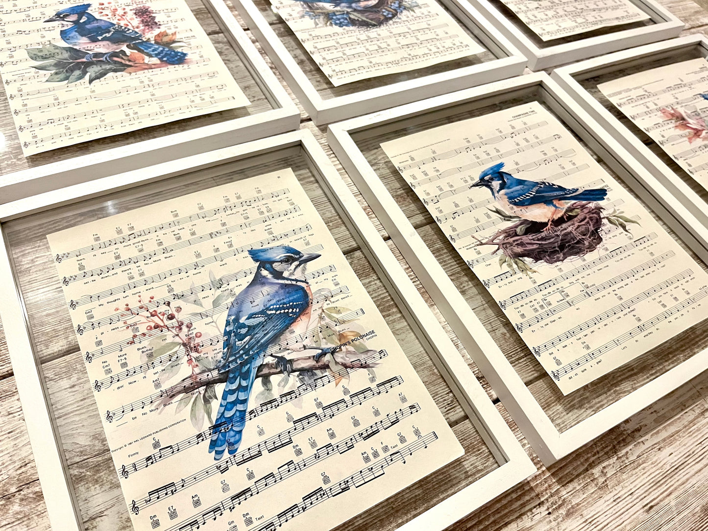 Blue Jay Sheet Music Collage Prints, Set of 6