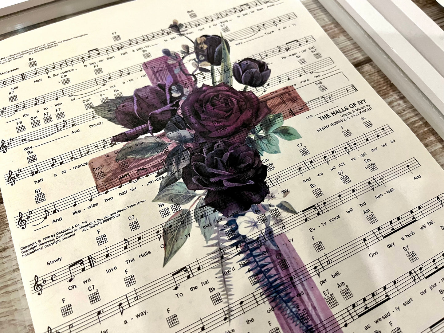 Purple Cross Sheet Music Collage Prints, Set of 6