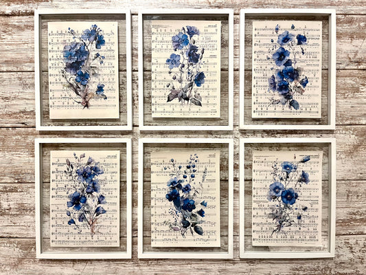 Blue Floral Sheet Music Prints, Set of 6