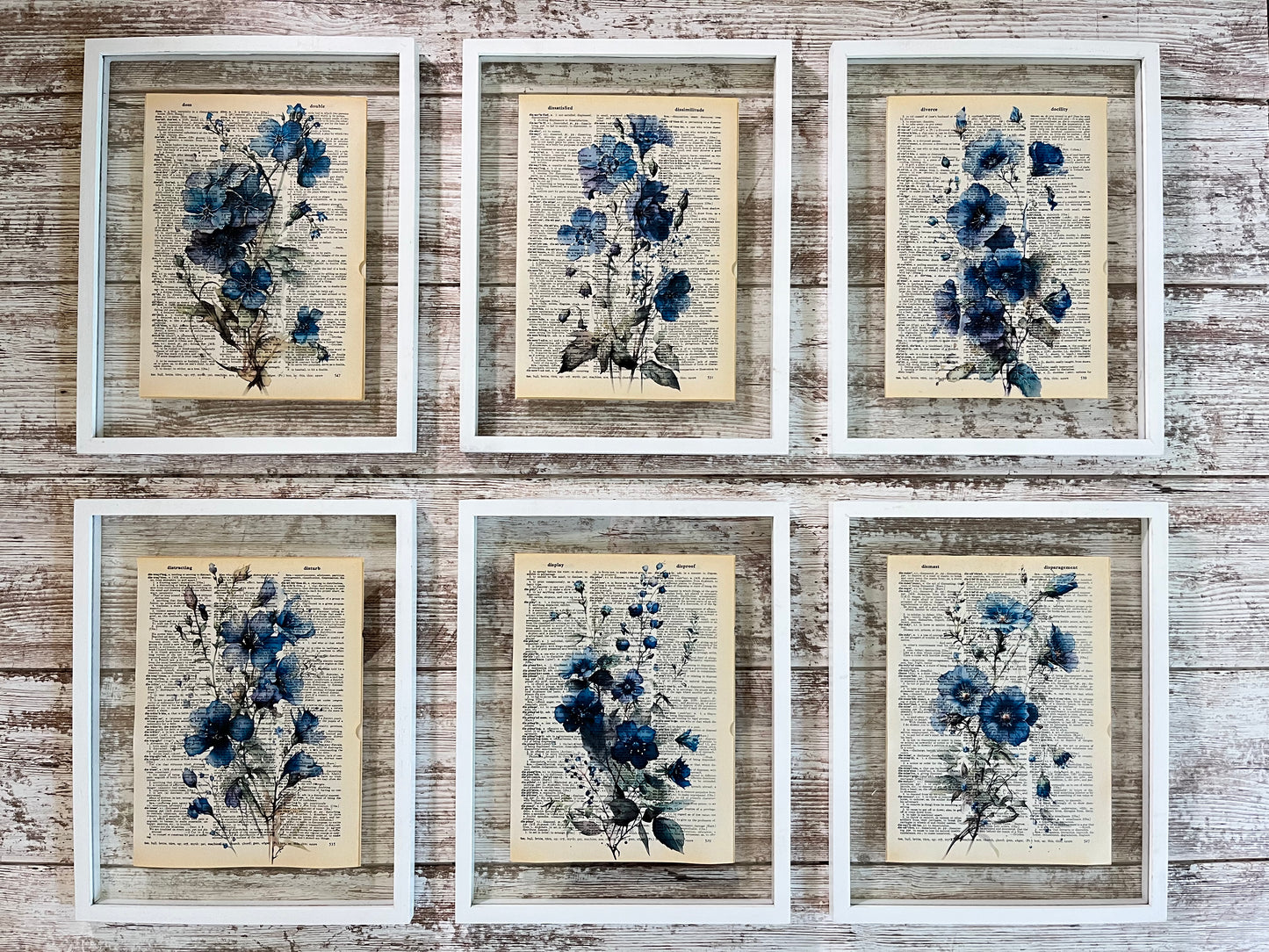 Blue Floral Vintage Dictionary Collage Prints, Set of 6