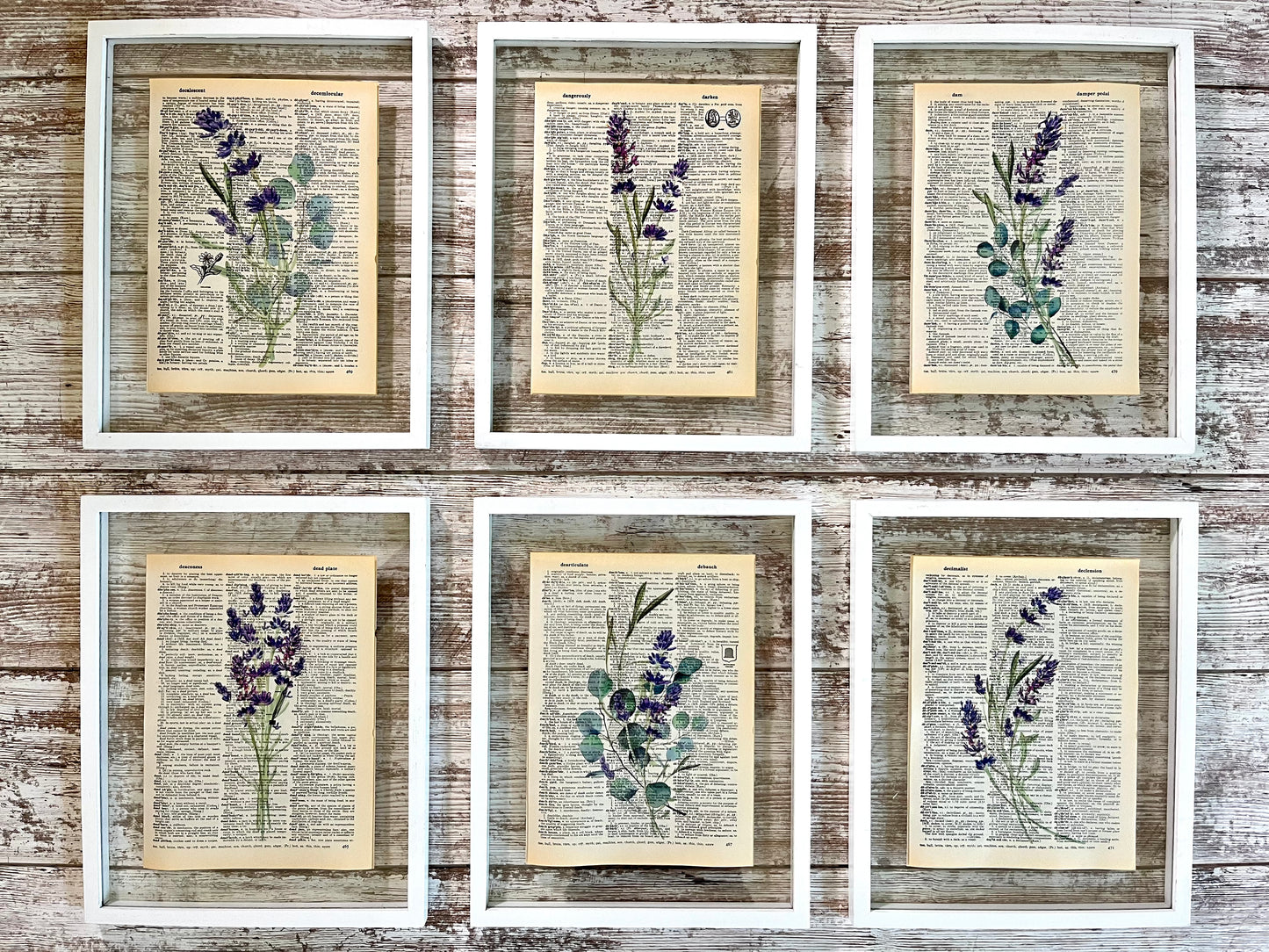 Lavender Eucalyptus Vintage Dictionary Collage Prints, Set of 6