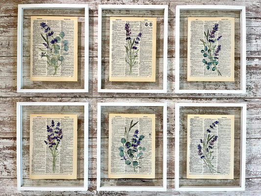 Lavender Eucalyptus Vintage Dictionary Collage Prints, Set of 6