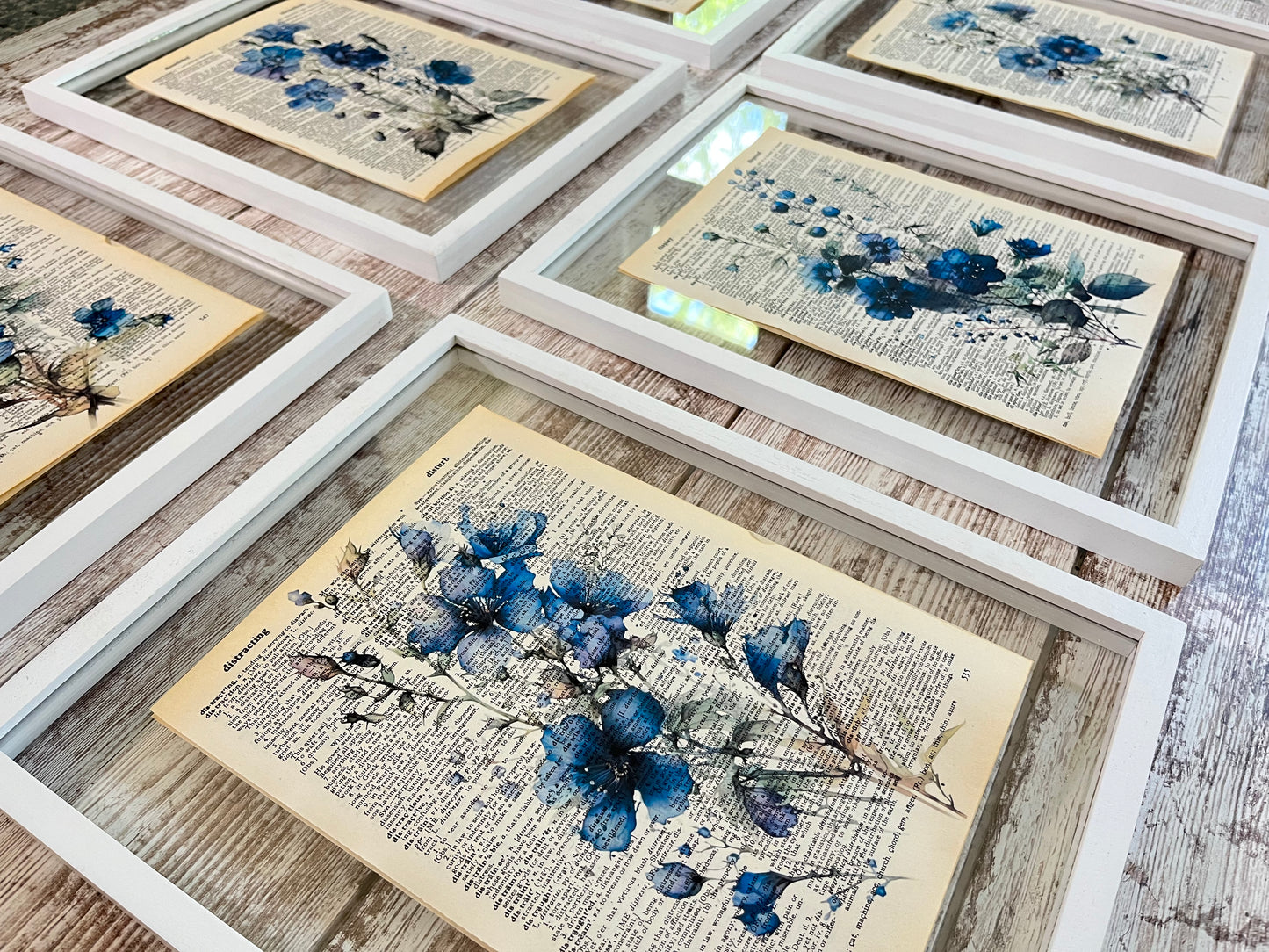 Blue Floral Vintage Dictionary Collage Prints, Set of 6