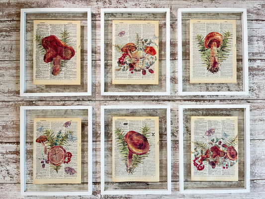 Mushroom Vintage Dictionary Collage Prints, Set of 6