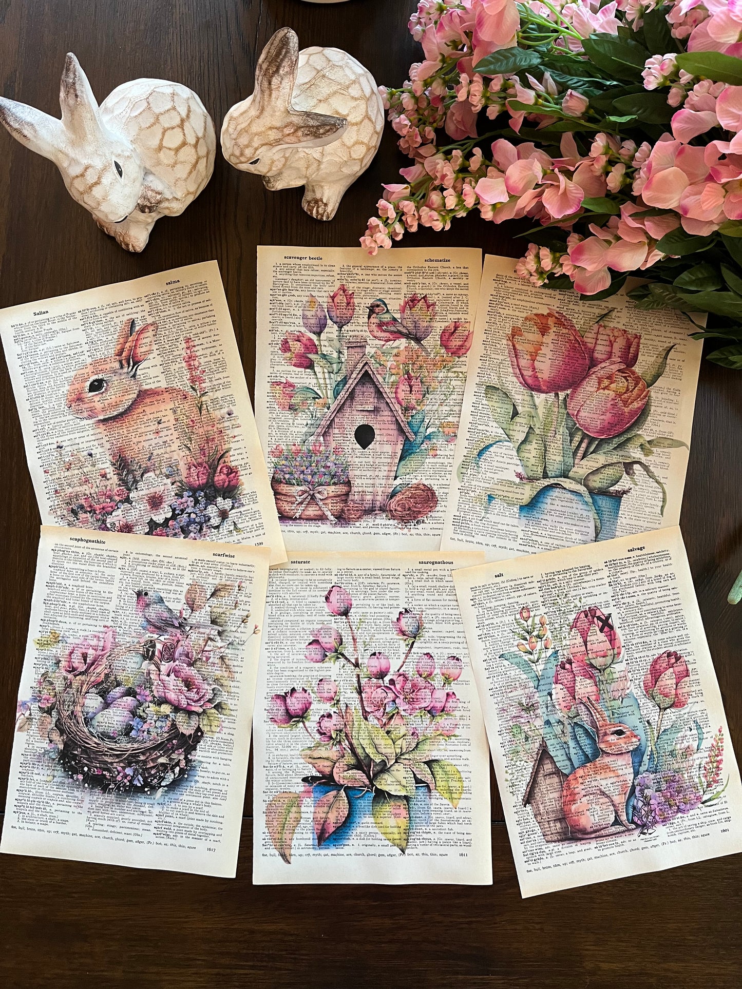 Easter Bunny Holiday Vintage Dictionary Collage Prints, Set of 6