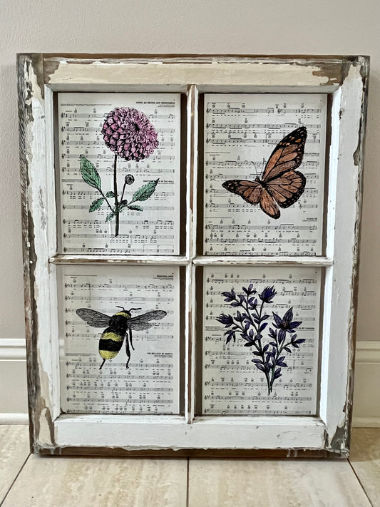 Botanical 4 Pane White Vintage Wood Window