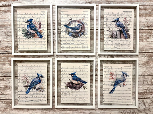 Blue Jay Sheet Music Collage Prints, Set of 6