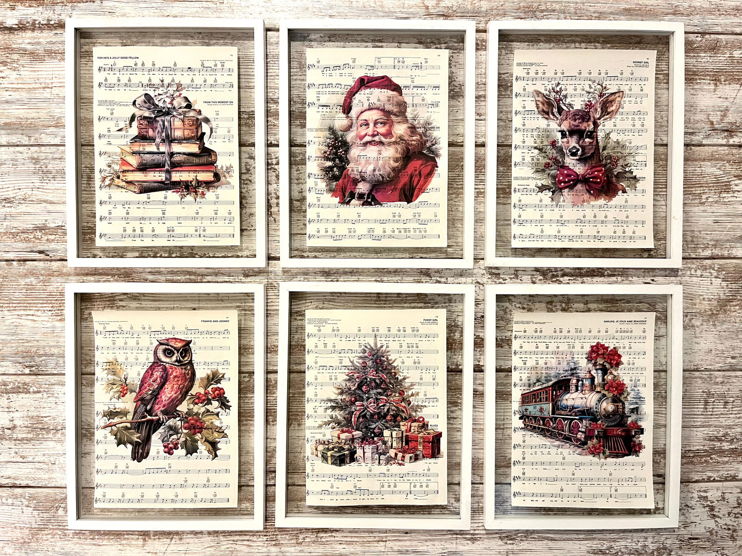 Vintage Santa Sheet Music Collage Prints, Set of 6