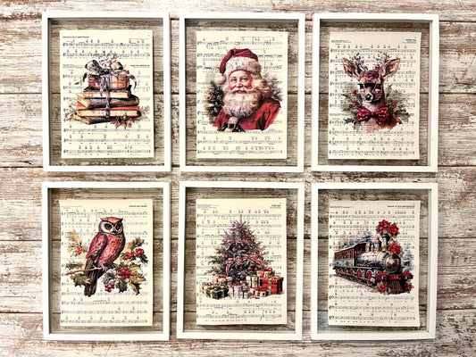 Vintage Santa Sheet Music Collage Prints, Set of 6