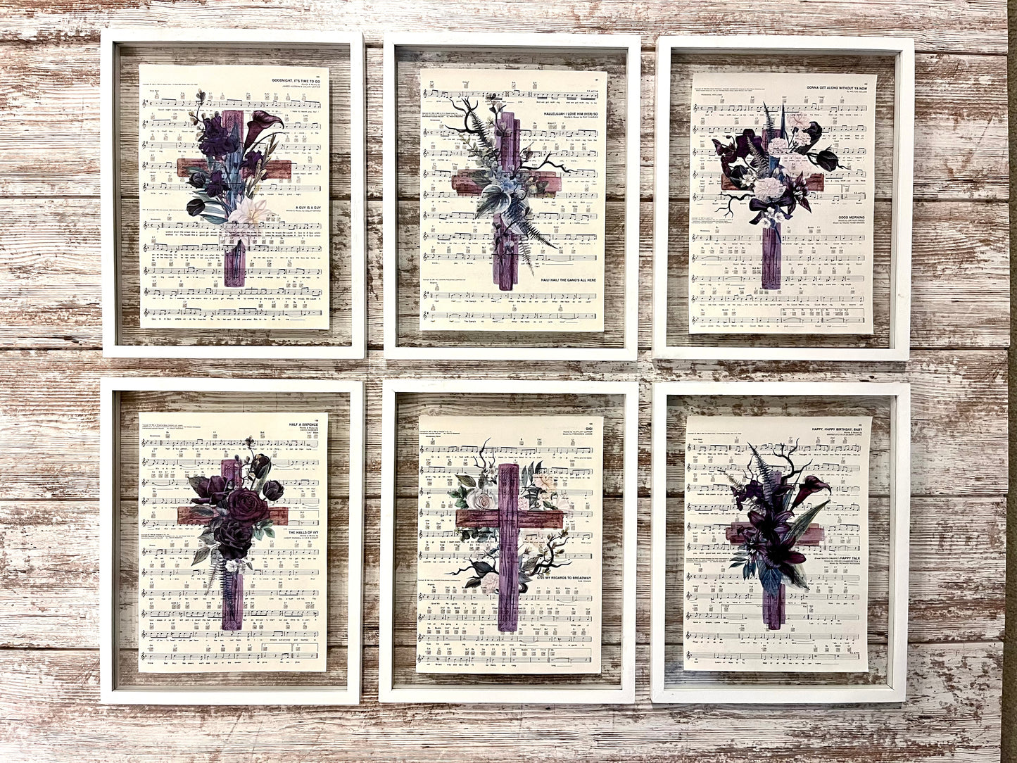 Purple Cross Sheet Music Collage Prints, Set of 6