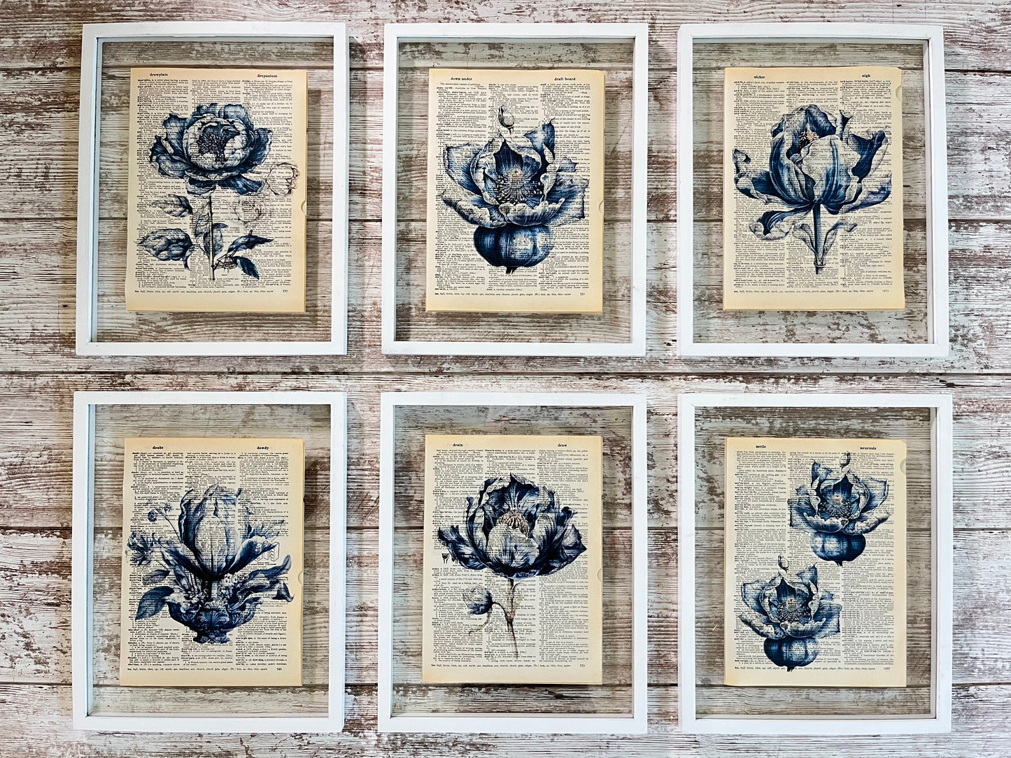 Delft Blue Floral Vintage Dictionary Collage Prints, Set of 6