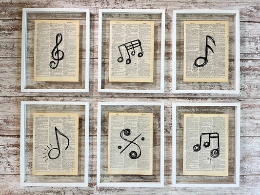 Music Note Vintage Dictionary Collage Prints, Set of 6