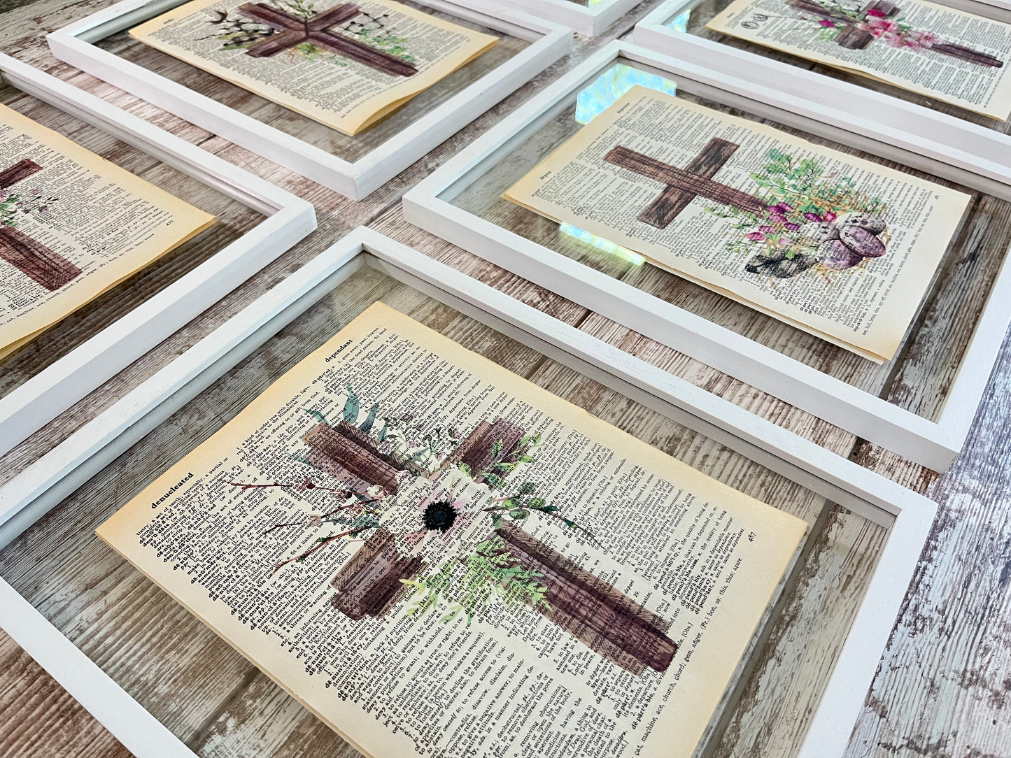 Pink Cross Vintage Dictionary Collage Prints, Set of 6