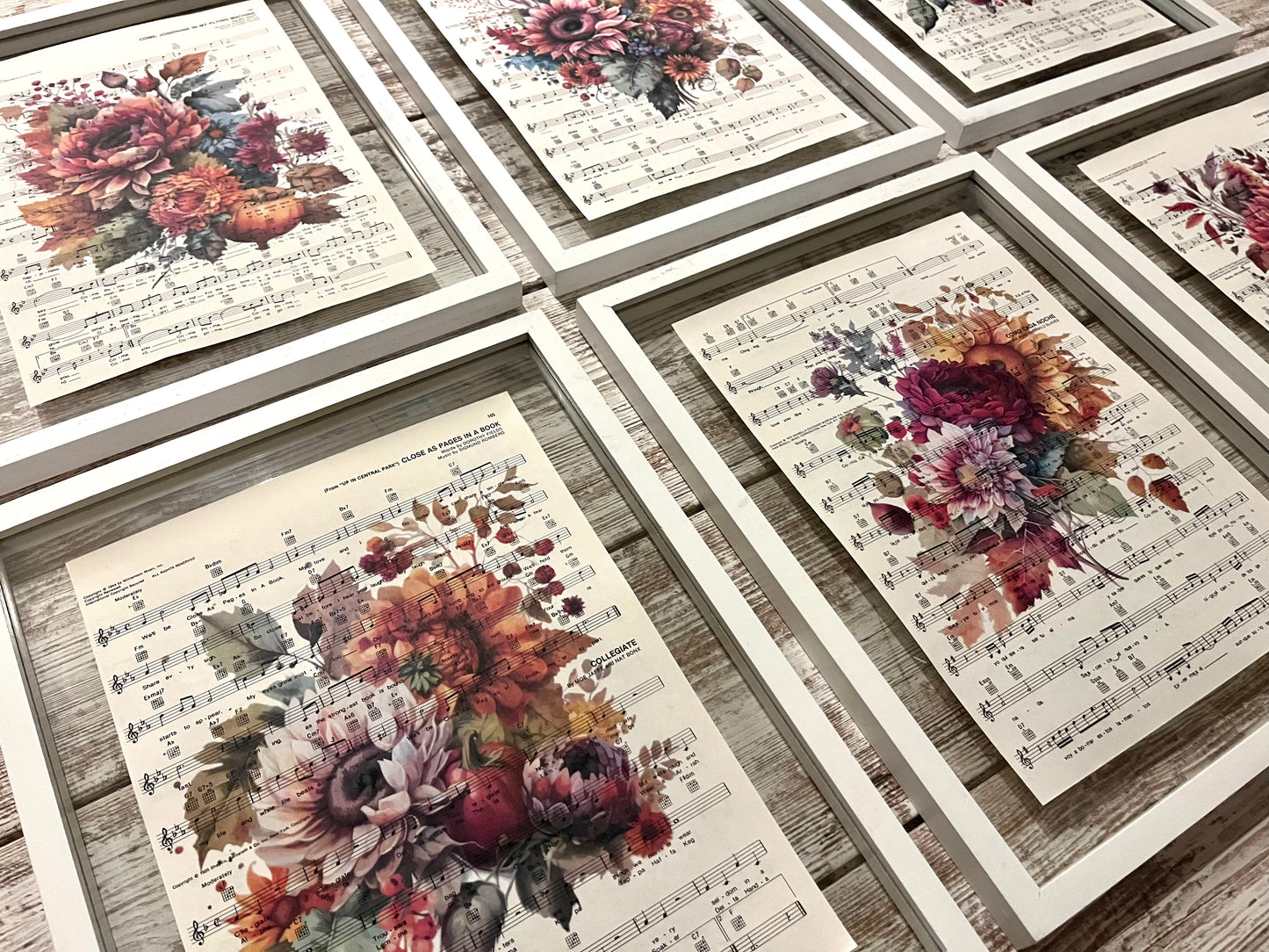 Burgundy Floral Sheet Music Prints, Set of 6