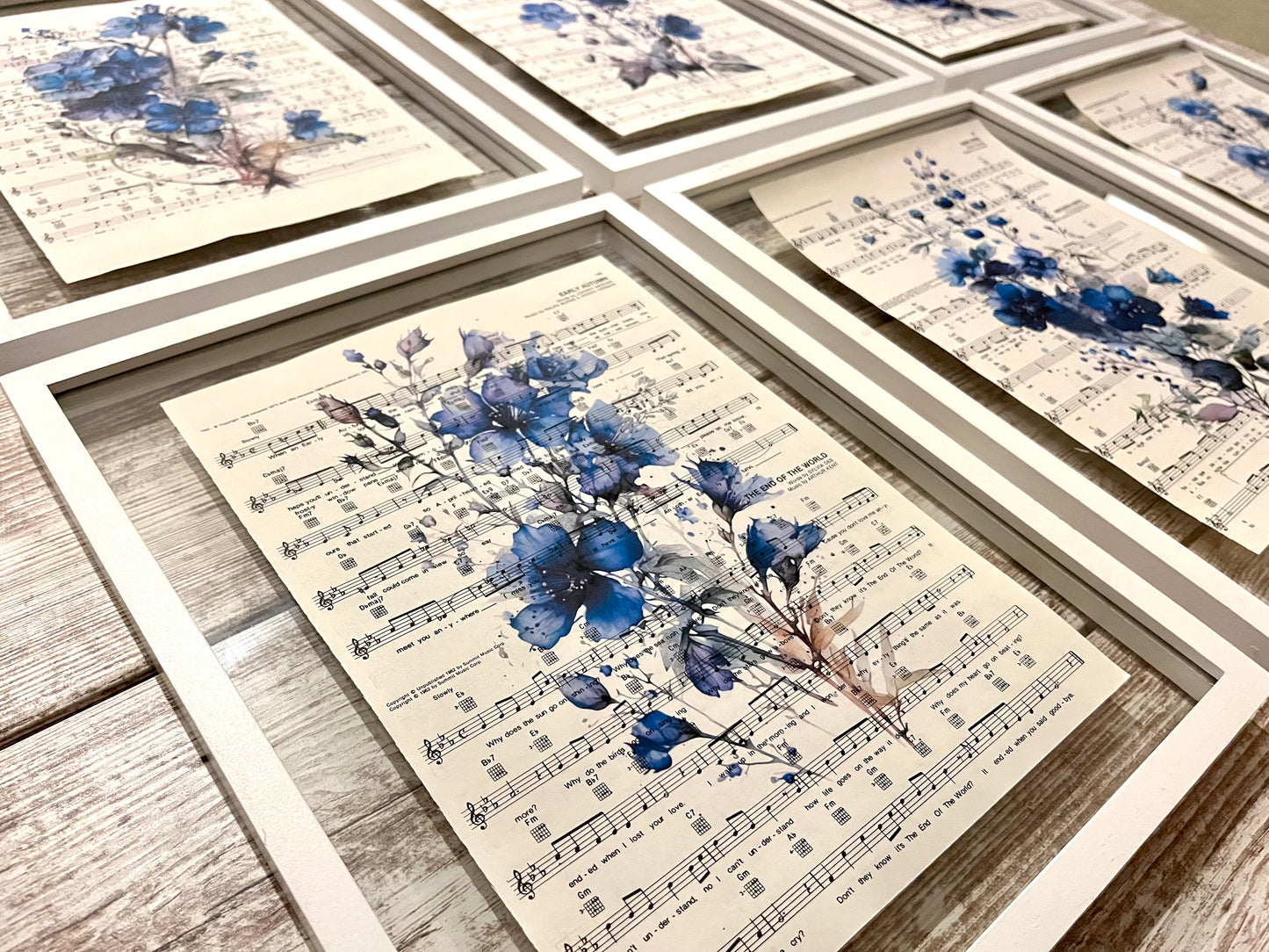 Blue Floral Sheet Music Prints, Set of 6