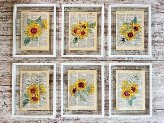 Sunflower Vintage Dictionary Collage Prints, Set of 6