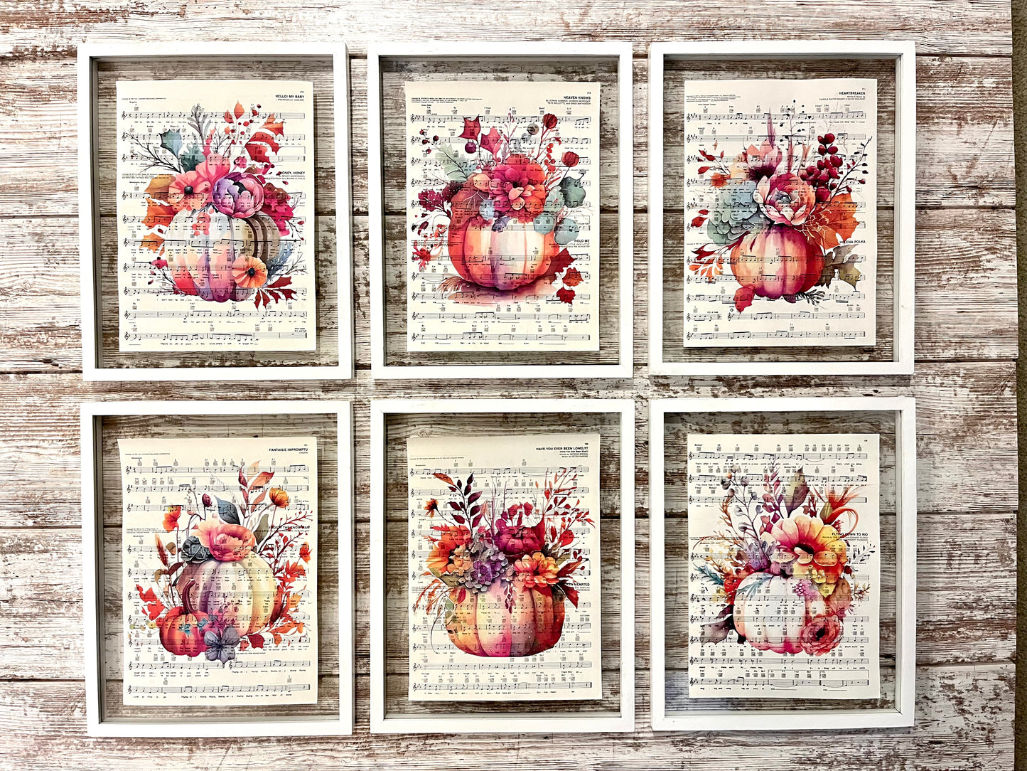 Floral Pumpkin Sheet Music Collage Prints, Set of 6