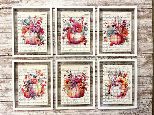 Floral Pumpkin Sheet Music Collage Prints, Set of 6