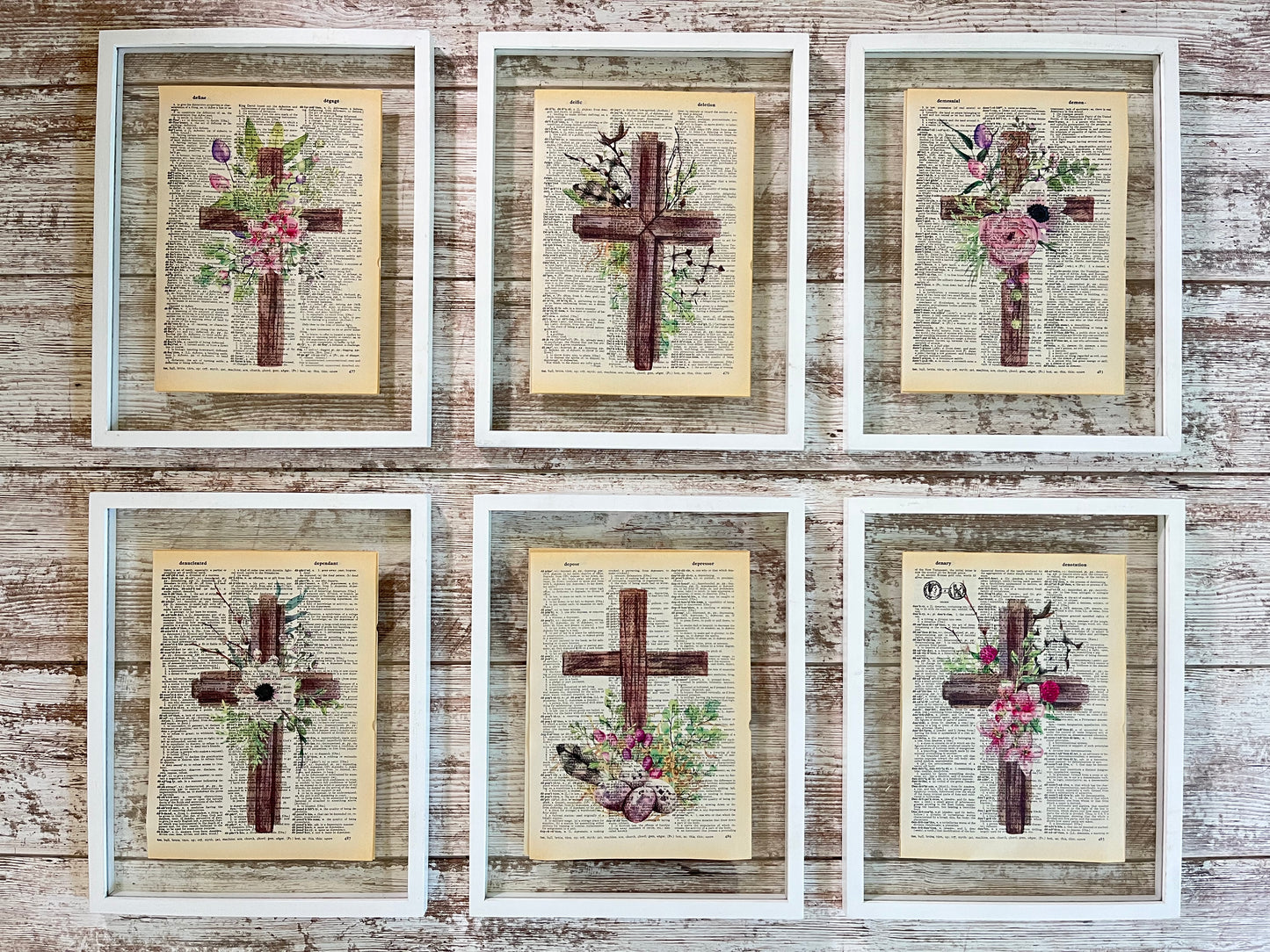 Pink Cross Vintage Dictionary Collage Prints, Set of 6