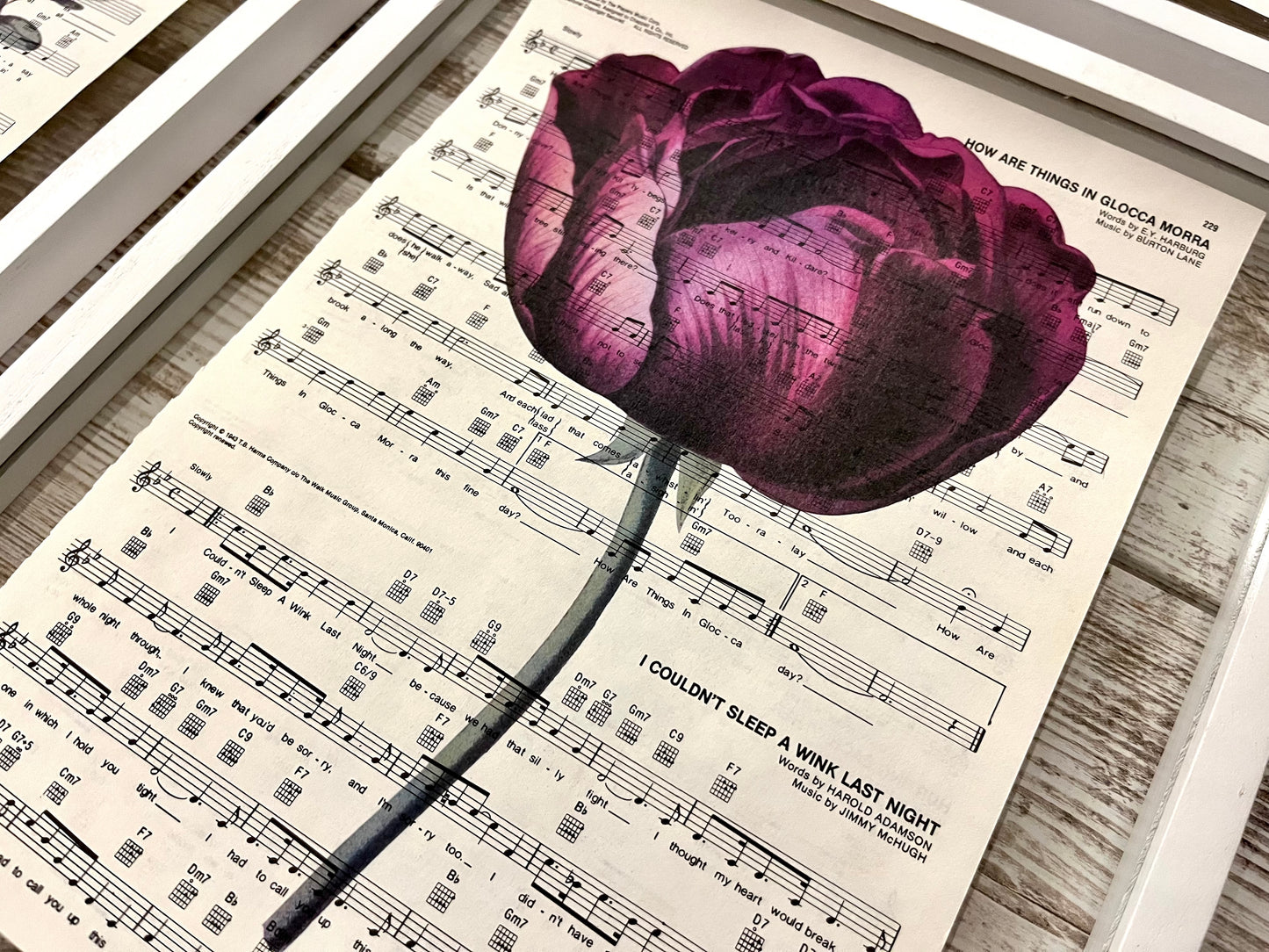 Mauve Rose Sheet Music Collage Prints, Set of 6