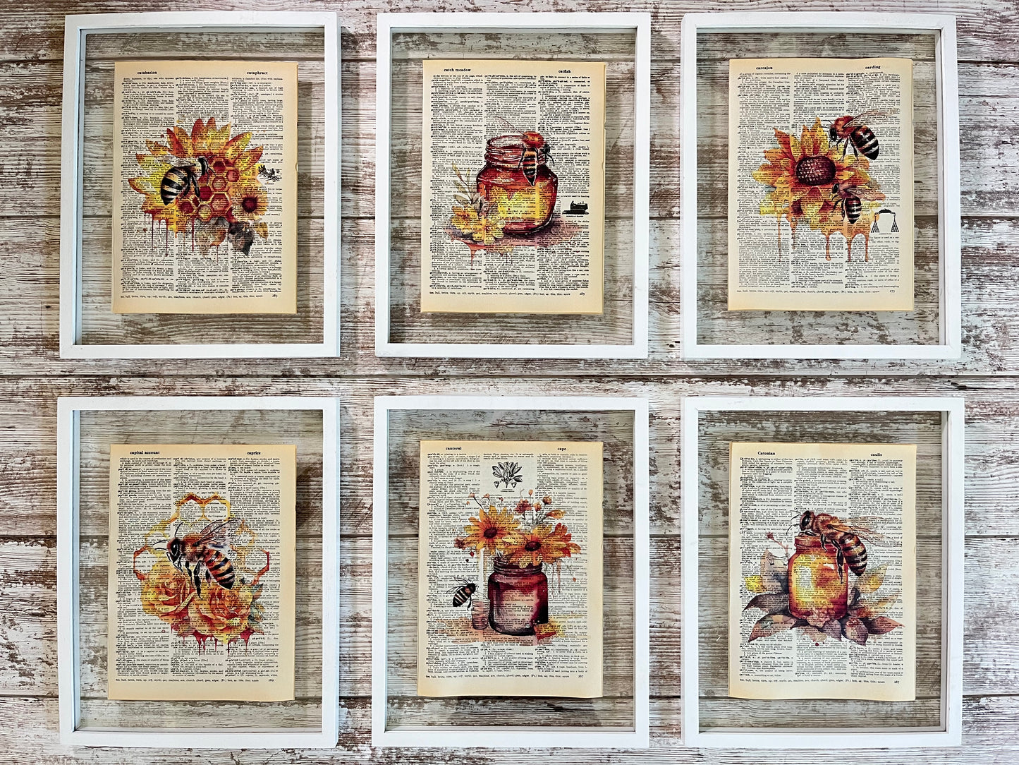 Honey Bee Vintage Dictionary Collage Prints, Set of 6