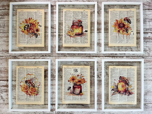 Honey Bee Vintage Dictionary Collage Prints, Set of 6