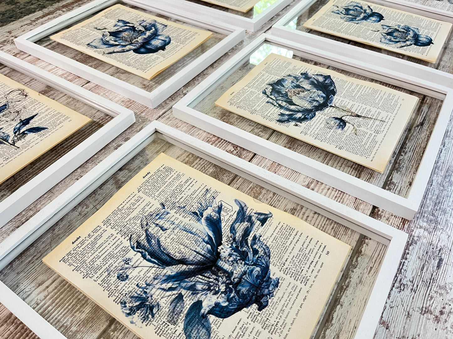 Delft Blue Floral Vintage Dictionary Collage Prints, Set of 6