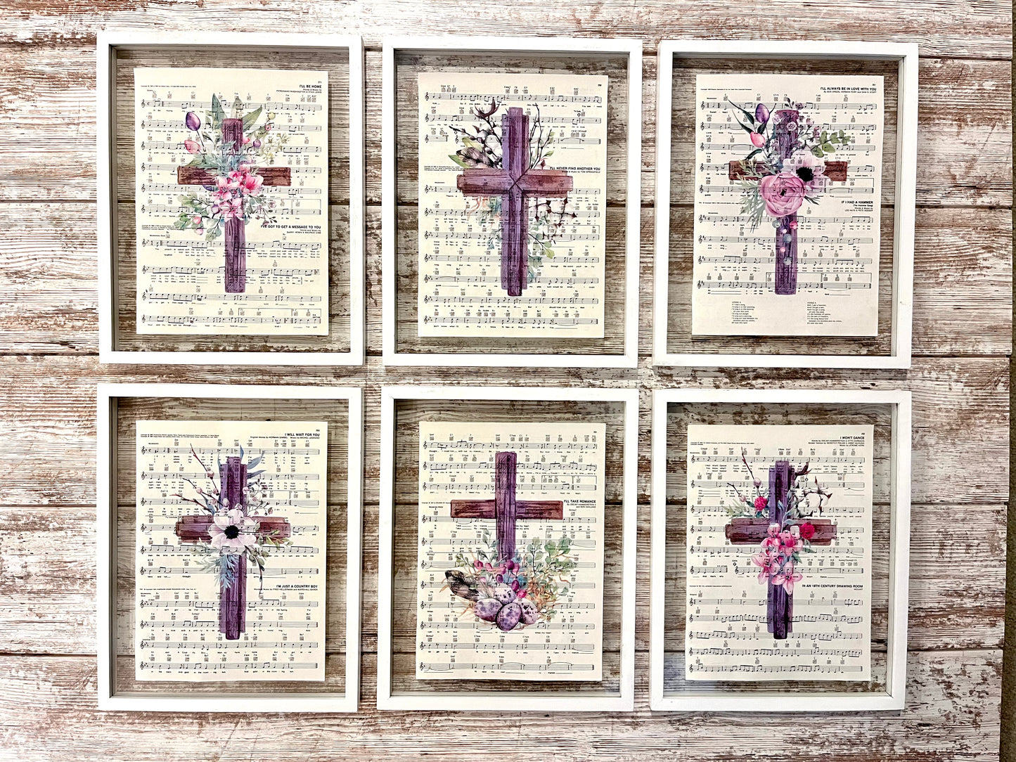 Pink Cross Sheet Music Collage Prints, Set of 6