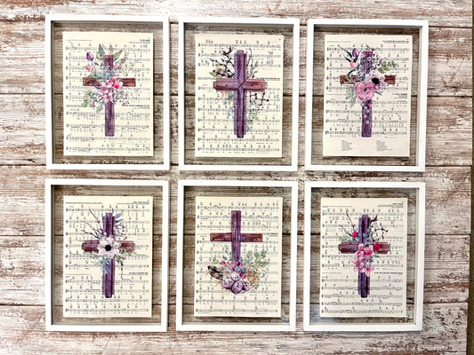 Pink Cross Sheet Music Collage Prints, Set of 6