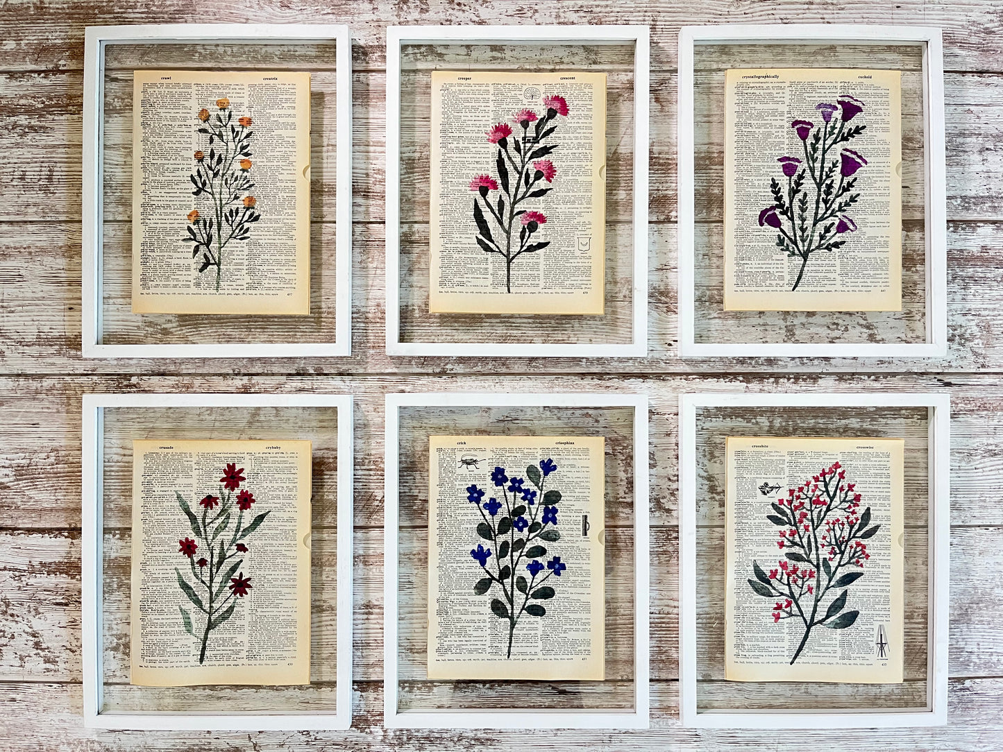 Wildflower Vintage Dictionary Collage Prints, Set of 6