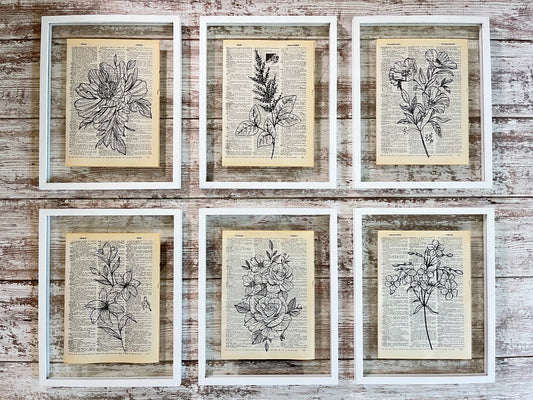 Floral Vintage Dictionary Collage Prints, Set of 6