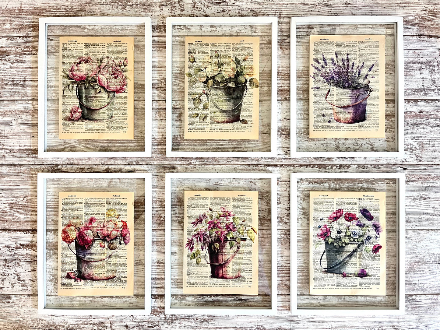 Flower Bucket Vintage Dictionary Collage Prints, Set of 6