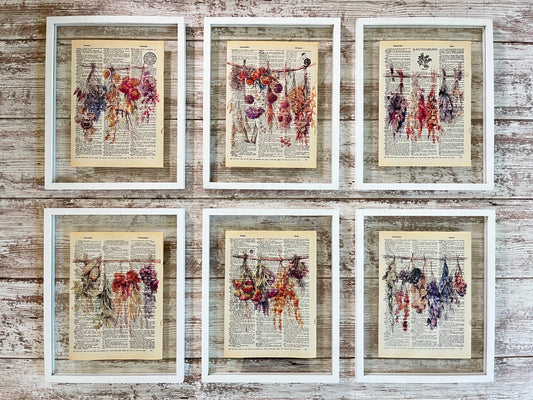 Dried Flower Vintage Dictionary Collage Prints, Set of 6