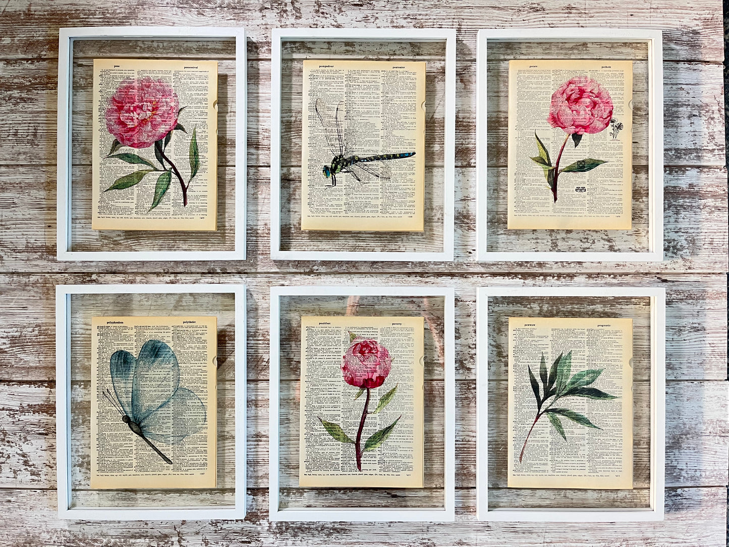 Peony Garden Vintage Dictionary Collage Prints, Set of 6