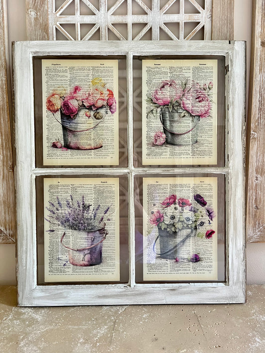 Flower Bucket 4 Pane Distressed Vintage Window