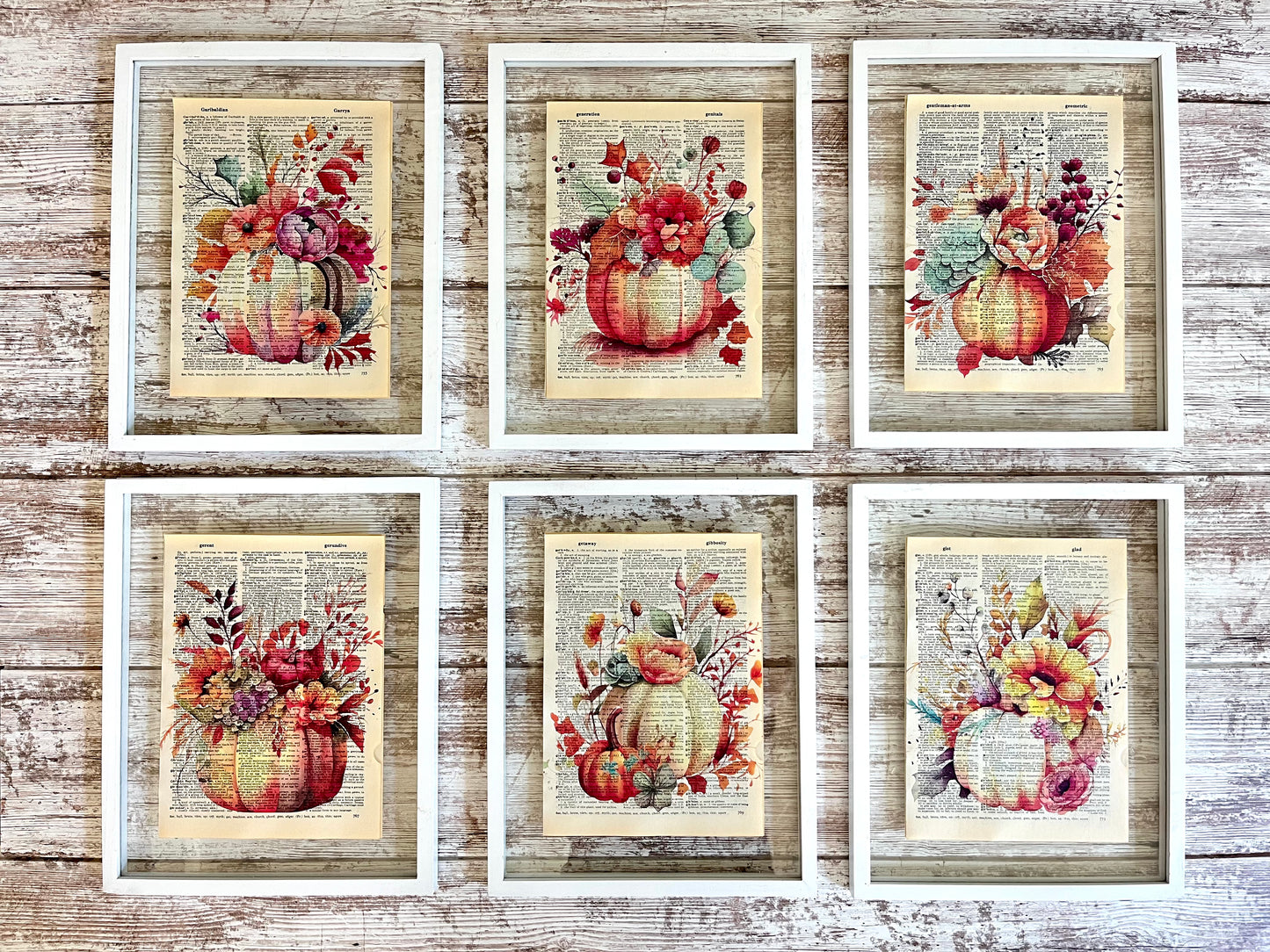 Floral Pumpkin Vintage Dictionary Holiday Collage, Set of 6