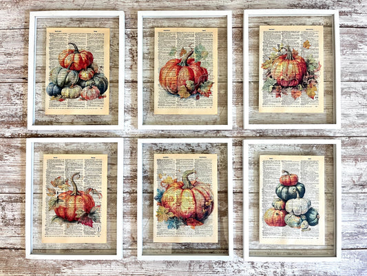 Pumpkin Stack Vintage Dictionary Holiday Collage, Set of 6